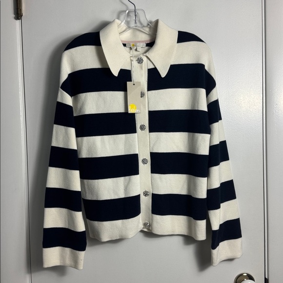 NWT Boden Jewel Button Collared Cardigan White Blue Striped Size 4 - Picture 3 of 13